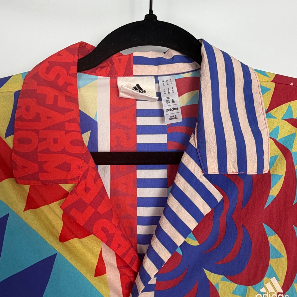 Adidas Multicolor Patchwork Print Button Up Shirt & Wide Leg Pants Set XL - Picture 9 of 12